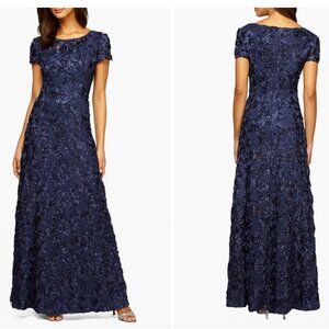 Alex Evenings Navy Embellished Floral Lace Sequin A-Line Evening Gown size 6